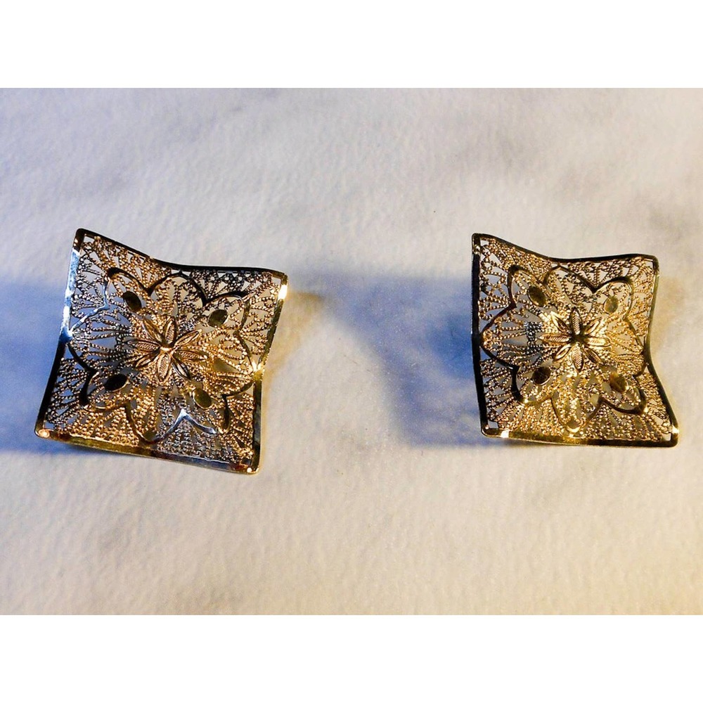 Vintage Art Deco Sterling Silver Filigree Earrings , Floral Motif,  Post Earring
